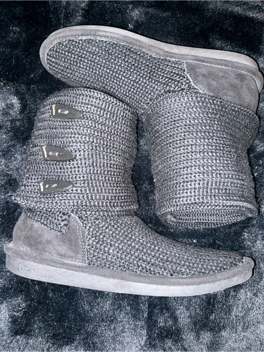 BearPaw Black Knit Button Ankle Booties